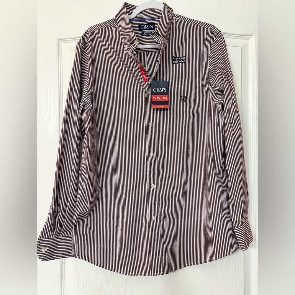 Chaps Men's Light Burgundy and White Striped Button Down Shirt Size M